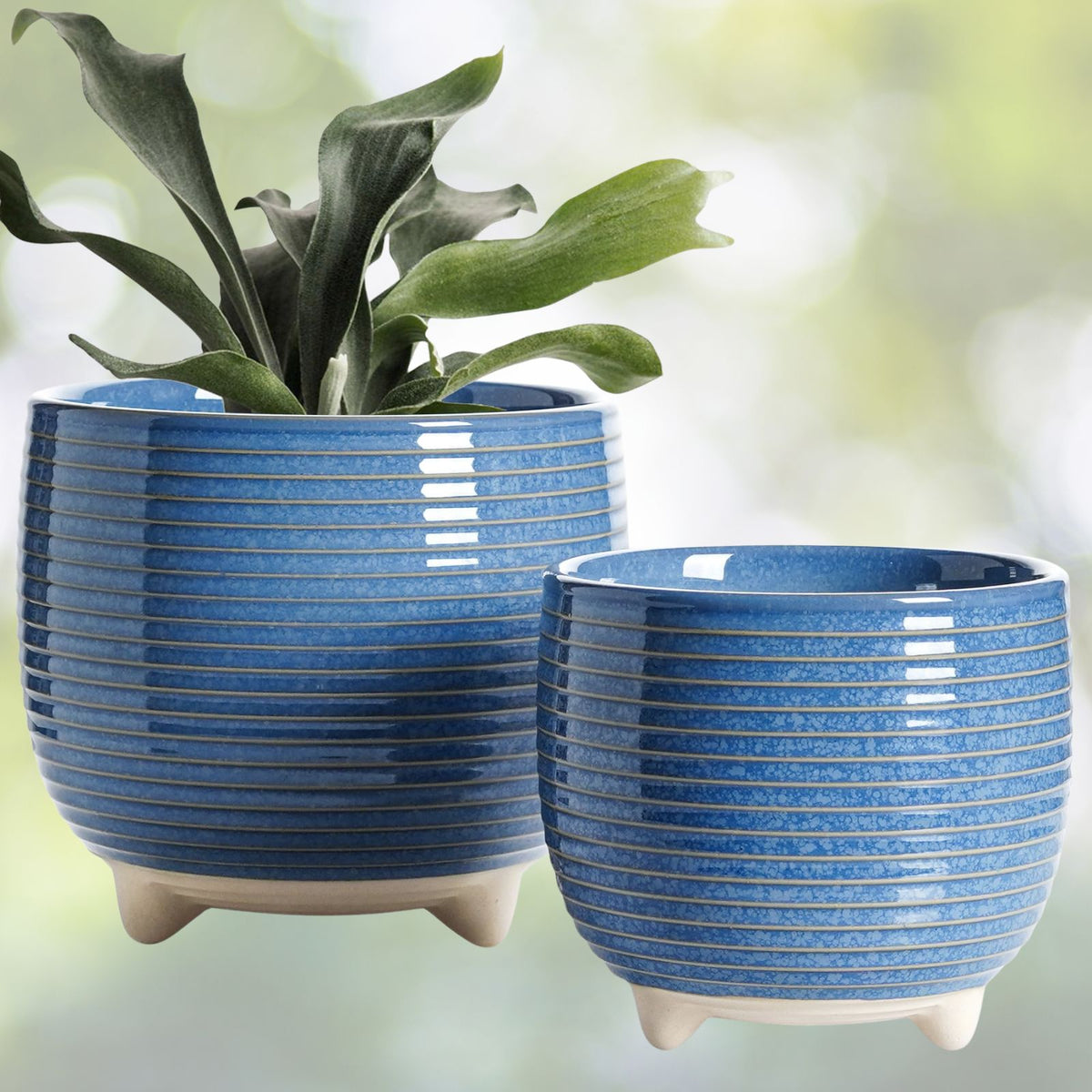 Ceramic Planter Pot 5" Conrad Blue Cream Glazed Indoor Plant Container Modern Design Two-Piece