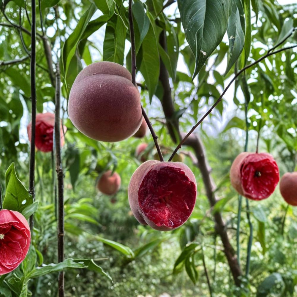 Spring Rain Blood Peach Tree - 1 Year Bare Root Grafted Sapling - Red Flesh Peach Variety - Prunus persica ‘Spring Rain Blood Peach’