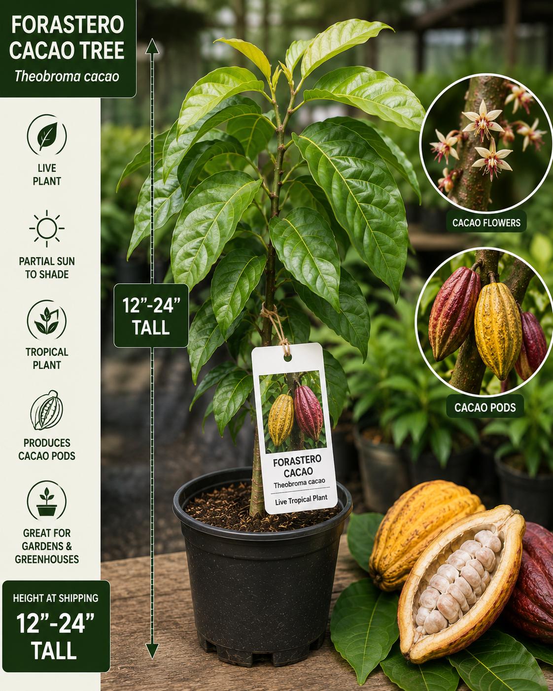 Forastero Cacao Plant 12-24 Inches Theobroma cacao - Easy to Grow Chocolate Tree