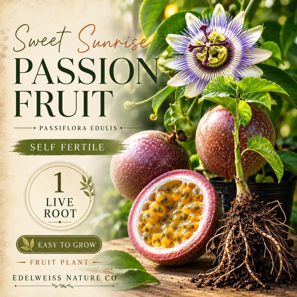 Sweet Sunrise Passion Fruit Plant Starter - Self-Fertile Heirloom Vine (Passiflora edulis) - Edible Tropical Fruit for Garden