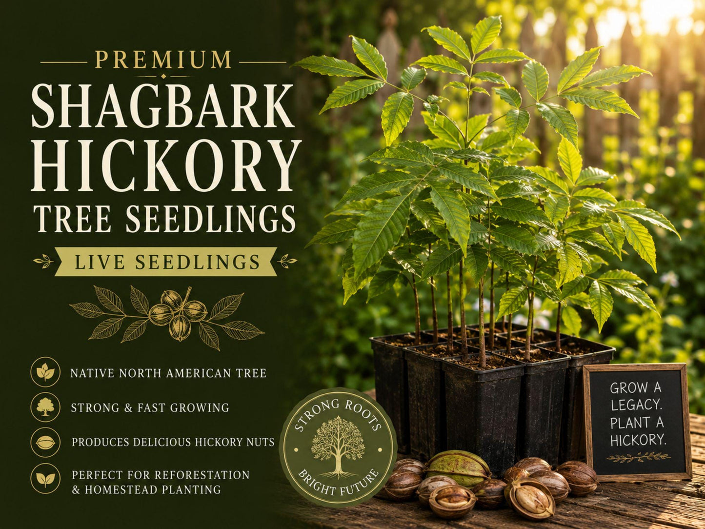 Shagbark Hickory Seedling Live Tree Plant - Carya ovata - Native Deciduous Shade Tree for Outdoor Landscapes and Wildlife