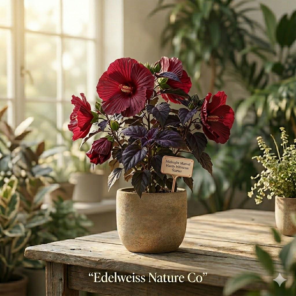 Midnight Marvel Hardy Hibiscus Starter Plant | Hibiscus moscheutos | Scarlet Red Flowers & Dark Burgundy Foliage