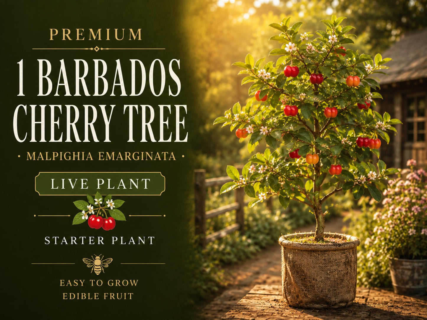 Barbados Cherry Plant 3-4" Malpighia emarginata Tropical Fruiting Shrub Pink Flowers Red Fruit Container Garden