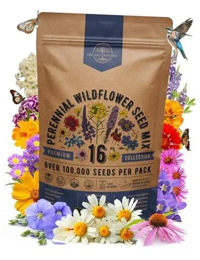 Perennial Wildflower Seed Mix - 100,000+ Non-GMO Seeds - 16 Varieties for Indoor & Outdoor Planting - Various Species
