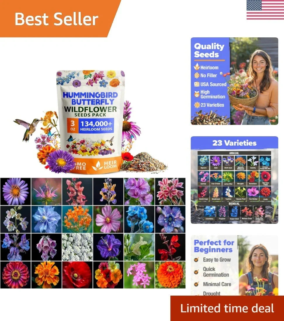 Non-GMO Wildflower Seed Mix 3oz - 23 Varieties for Pollinator Gardens - Attract Bees & Butterflies - Various Species