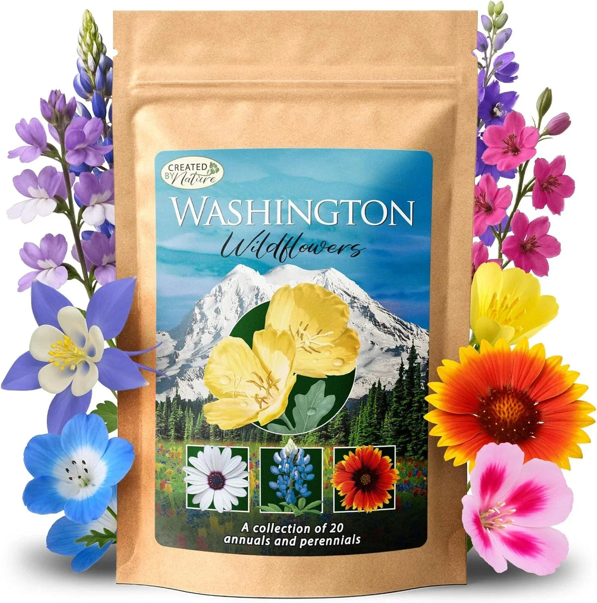 Wildflower Seed Mix - 60,000+ Seeds - 20 Varieties - Pollinator Friendly - Washington Native Flowers - Non-GMO