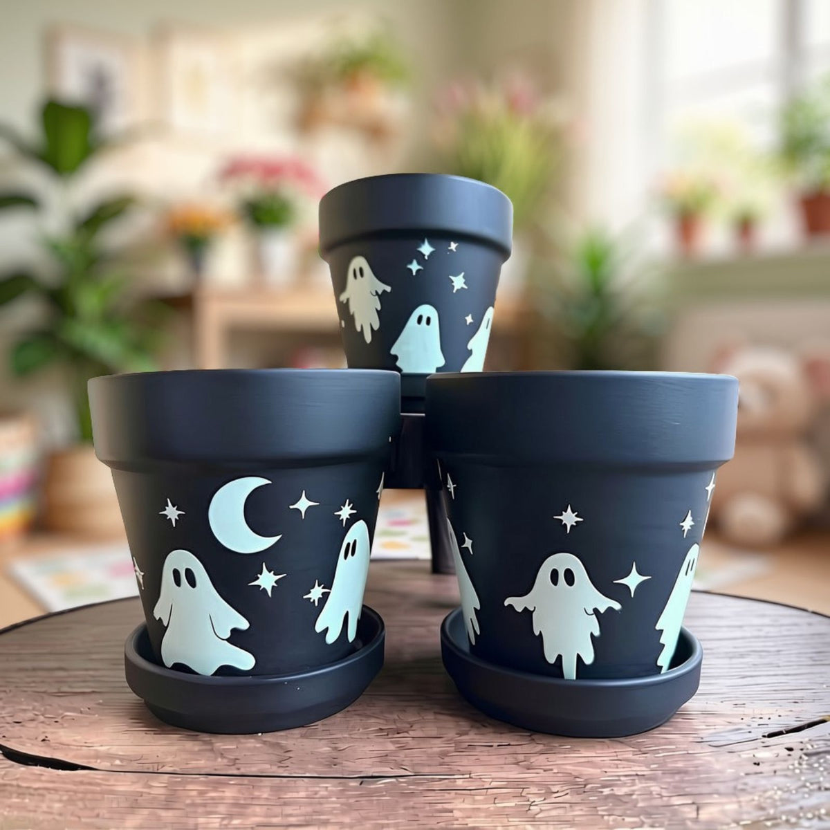 Ghost Planter Black Ceramic Halloween Decor Spooky Pot Multiple Sizes Friendly Ghosts Under Stars