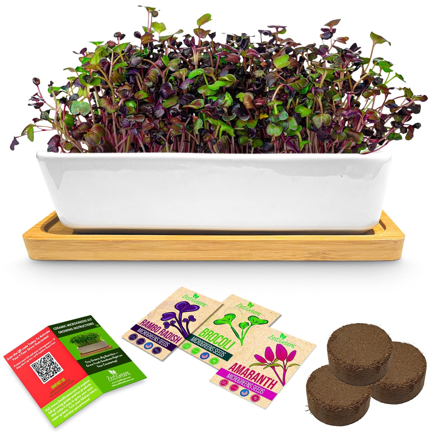 Ceramic Microgreens Growing Kit to Grow 3 Crops Including Organic USDA Red Amaranth, Purple Rambo Radish & Broccoli Microgreens Seeds.