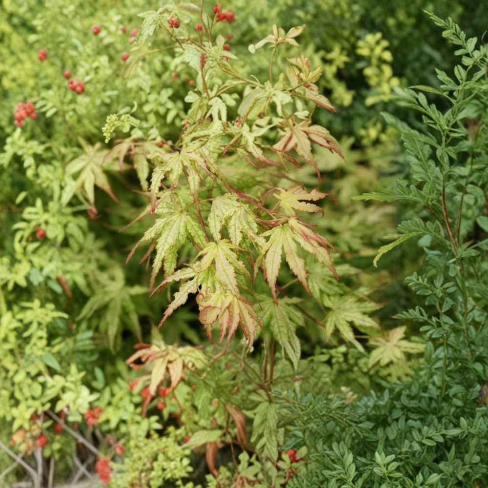Acer palmatum 'Peaches and Cream' Japanese Maple Live Plant, 8 Inches, Variegated Foliage, 1 Gallon Pot, Patio Friendly