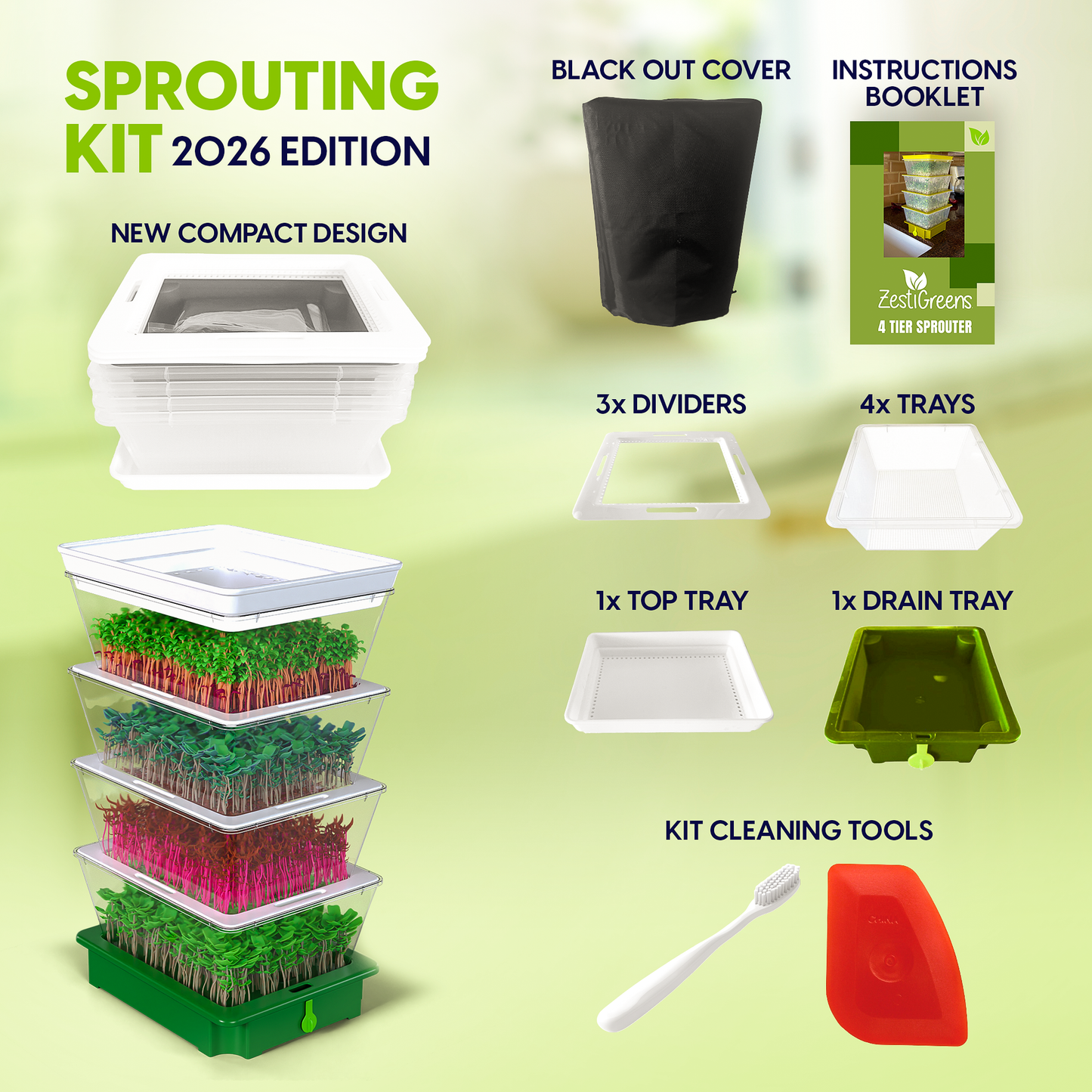 ZESTIGREENS Tiered Sprouting Kit with Drain Spout – Stackable Seed Sprouter Trays for Growing Fresh Sprouts at Home – BPA-Free, Easy Rinse & Drain System