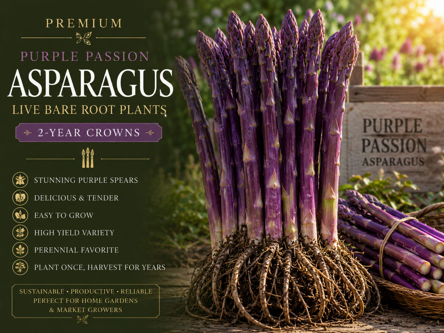 Purple Passion Asparagus 5 Bare Root Crowns - Asparagus officinalis - Perennial Vegetable with Purple Spears for Garden