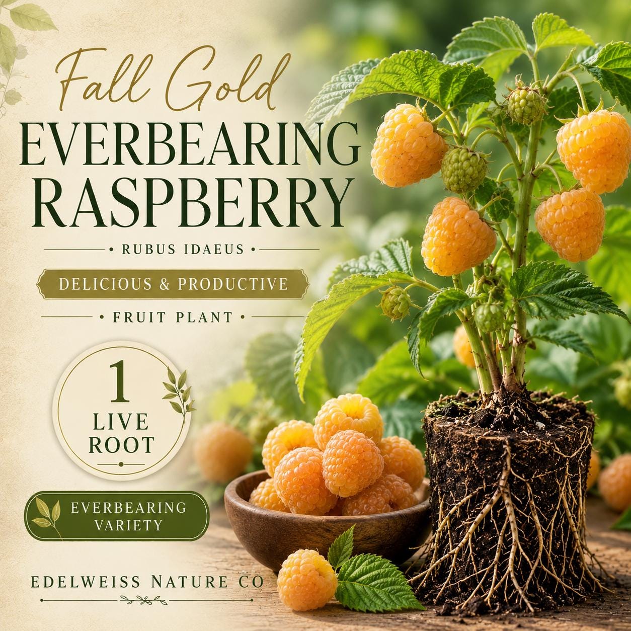 Fall Gold Raspberry Live Root Starter Plant - Everbearing Variety (Rubus) for Home Garden Berry Growing - Non-GMO Heirloom