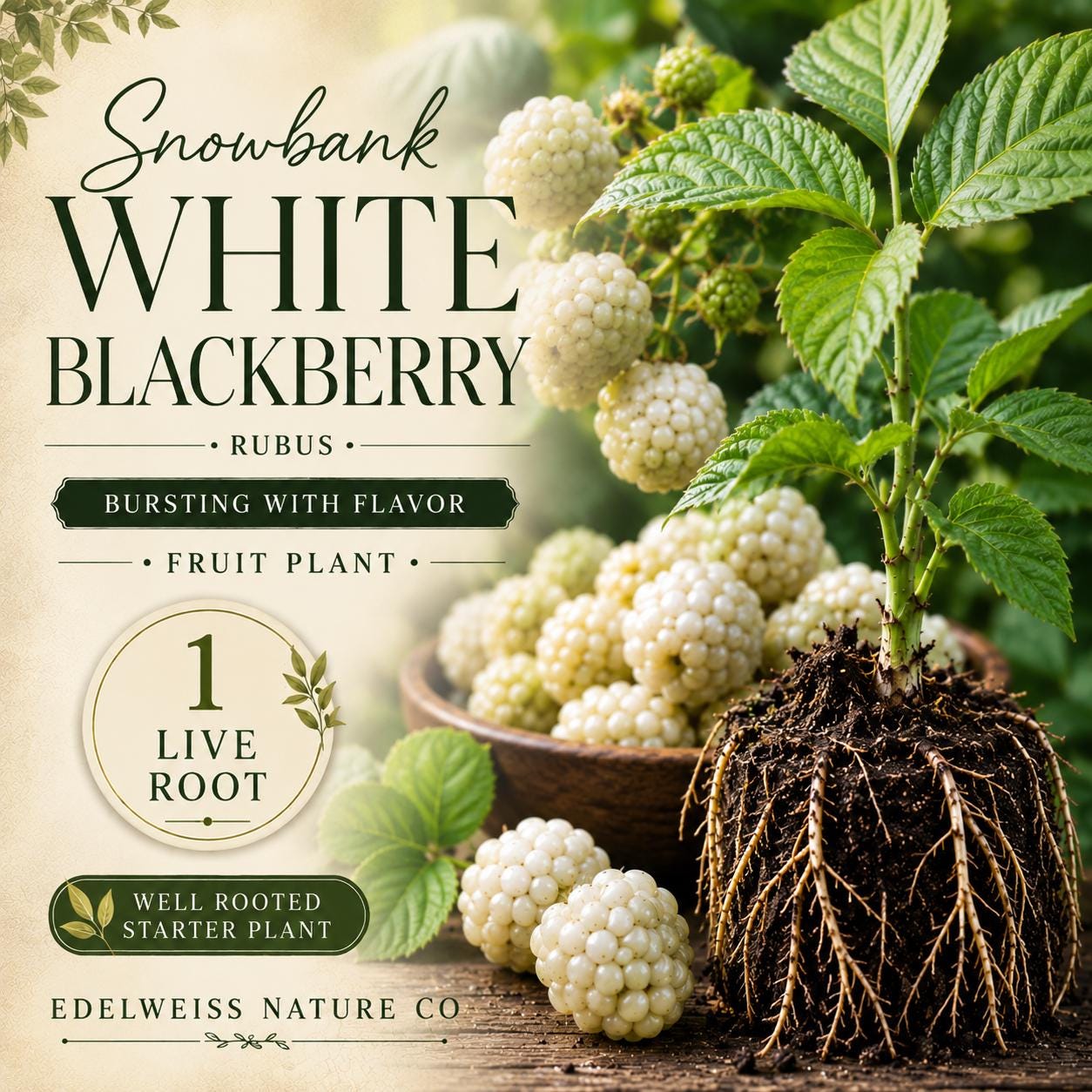 Snowbank White Blackberry Plant - Heirloom Non-GMO Starter in Pot - Rubus Hybrid - Unique Pale Berries for Home Garden