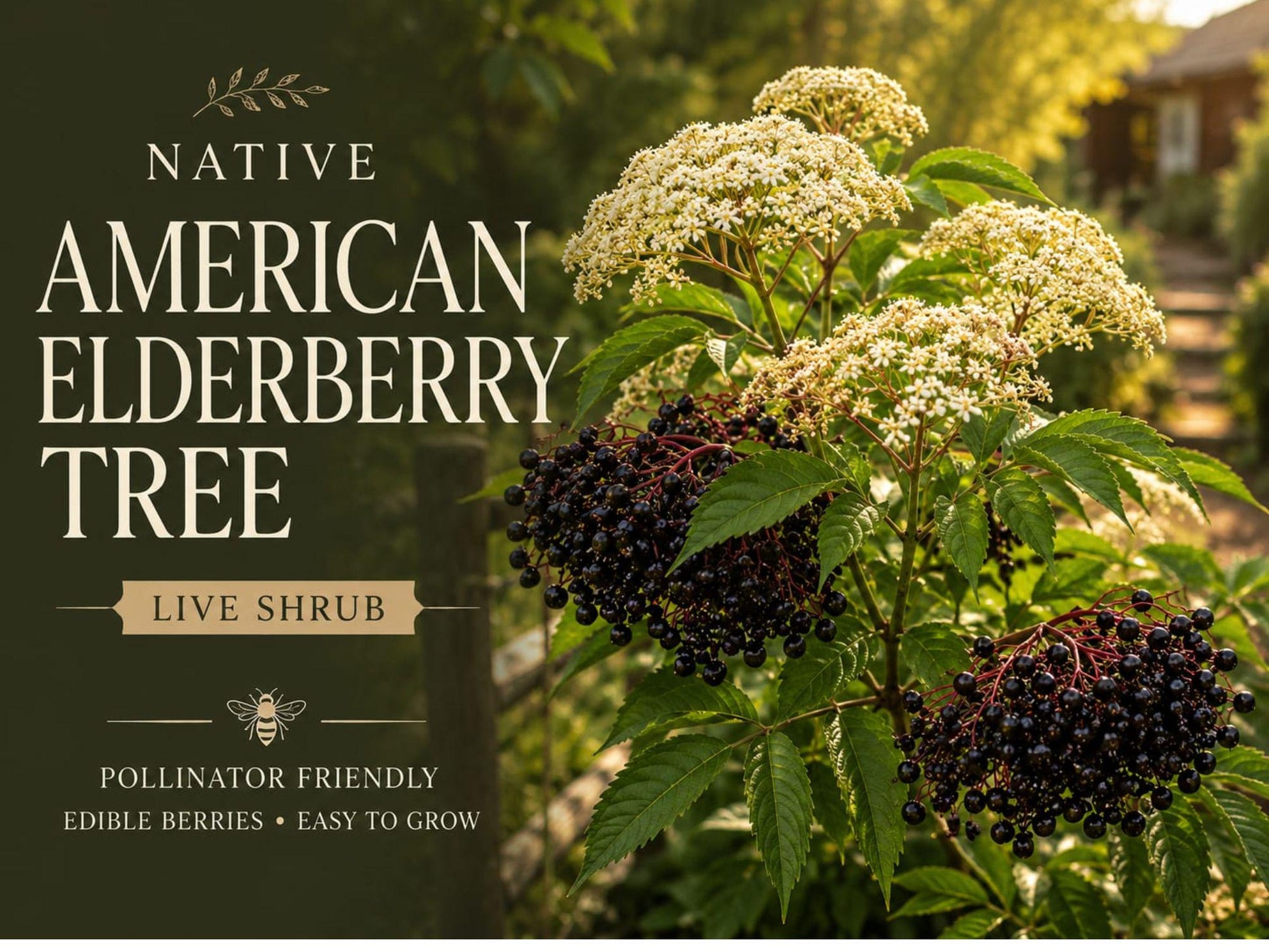 American Elderberry Plant 12-24in Sambucus canadensis Native Berry Shrub for Wildlife Garden, Edible Landscapes, Pollinators