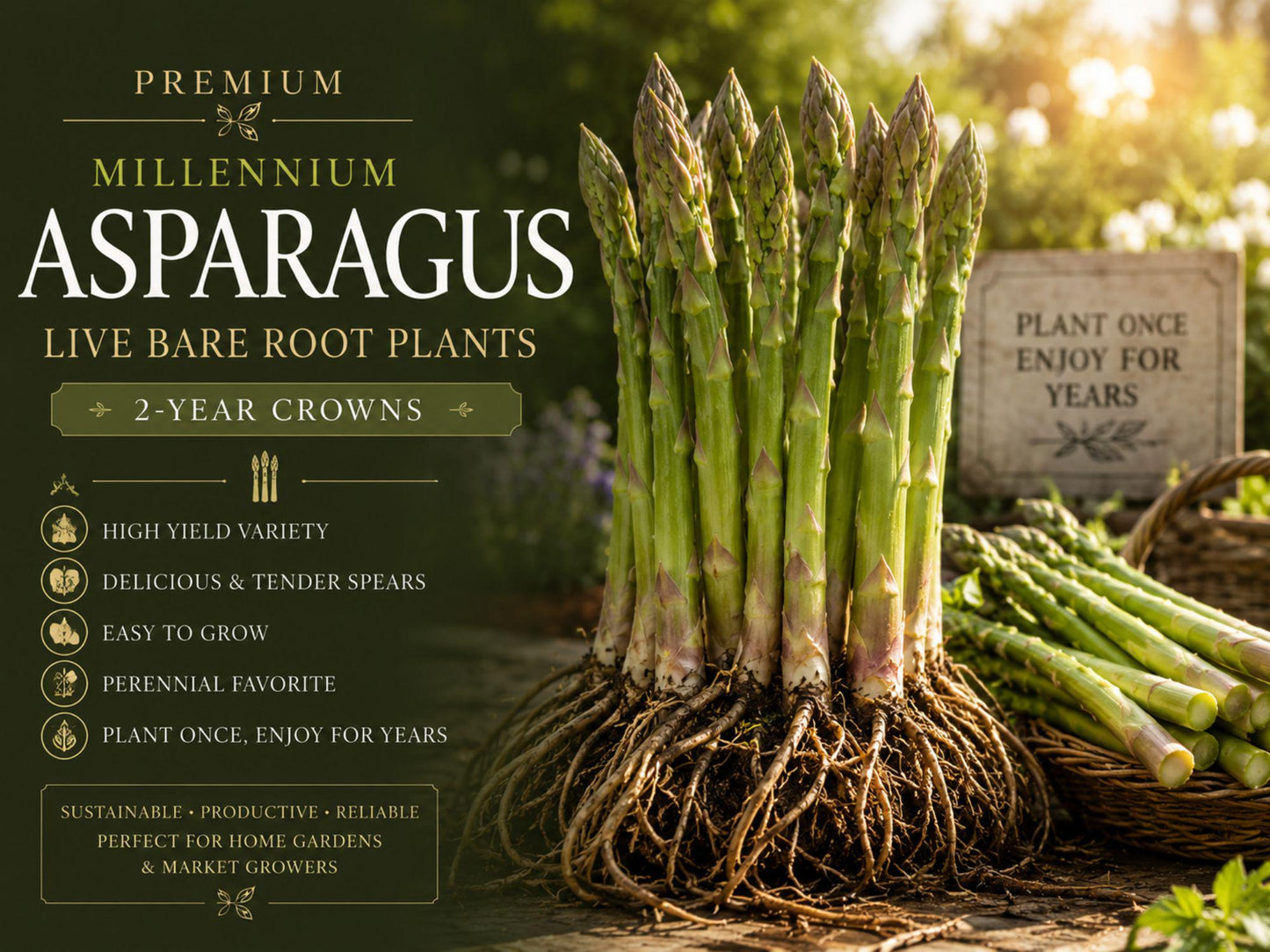 Millennium Asparagus Crowns 5 Bare Root Plants - Asparagus officinalis - Cold-Hardy Perennial Vegetable for Garden