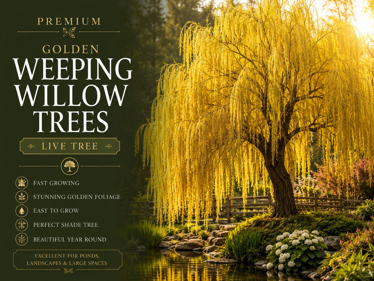 Golden Weeping Willow Cuttings - 2 Live Salix alba Starter Plants for Fast-Growing Shade and Ornamental Landscaping