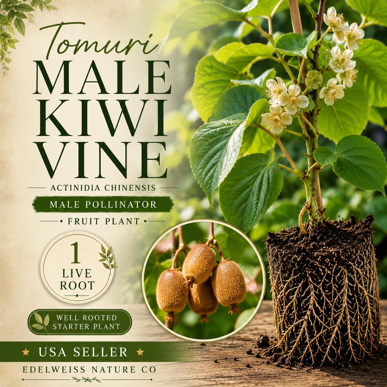 Tomuri Male Kiwi Vine Starter Plant - Heirloom Actinidia chinensis for Pollination - Non-GMO Kiwi Pollinator for Home Garden