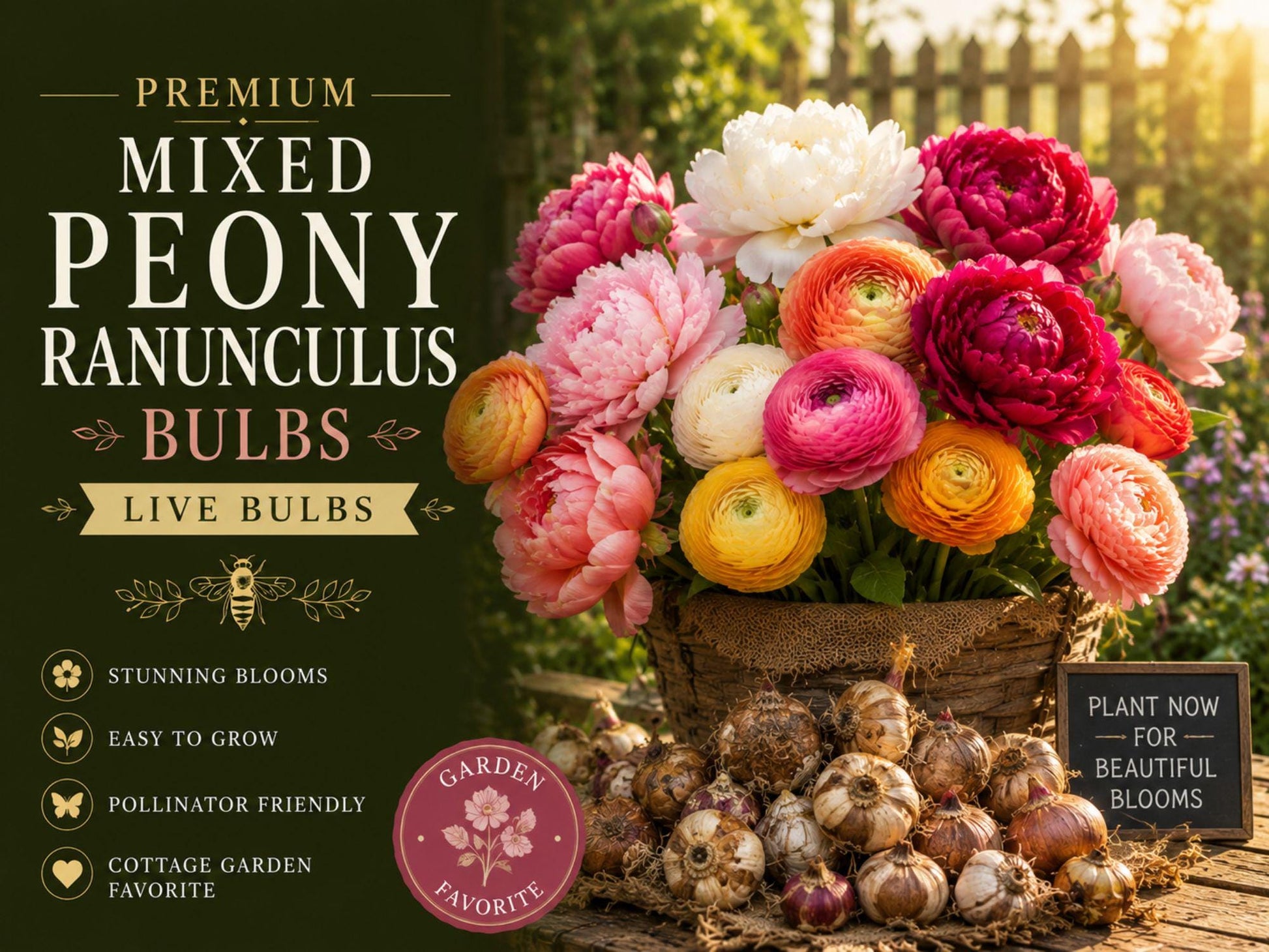 Mixed Ranunculus Bulbs - 12 Large Colorful Peony-Style Flowering Bulbs for Spring Garden - Ranunculus asiaticus