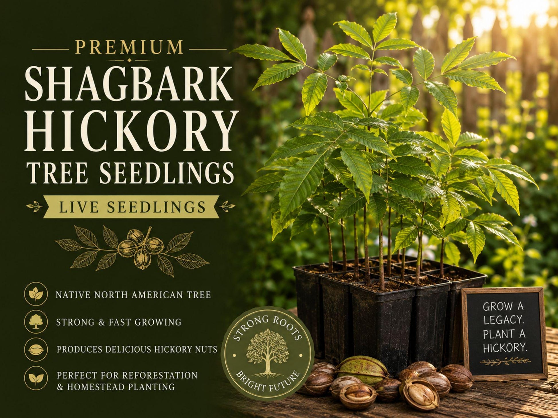 Shagbark Hickory Seedling Live Tree Plant - Carya ovata - Native Deciduous Shade Tree for Outdoor Landscapes and Wildlife