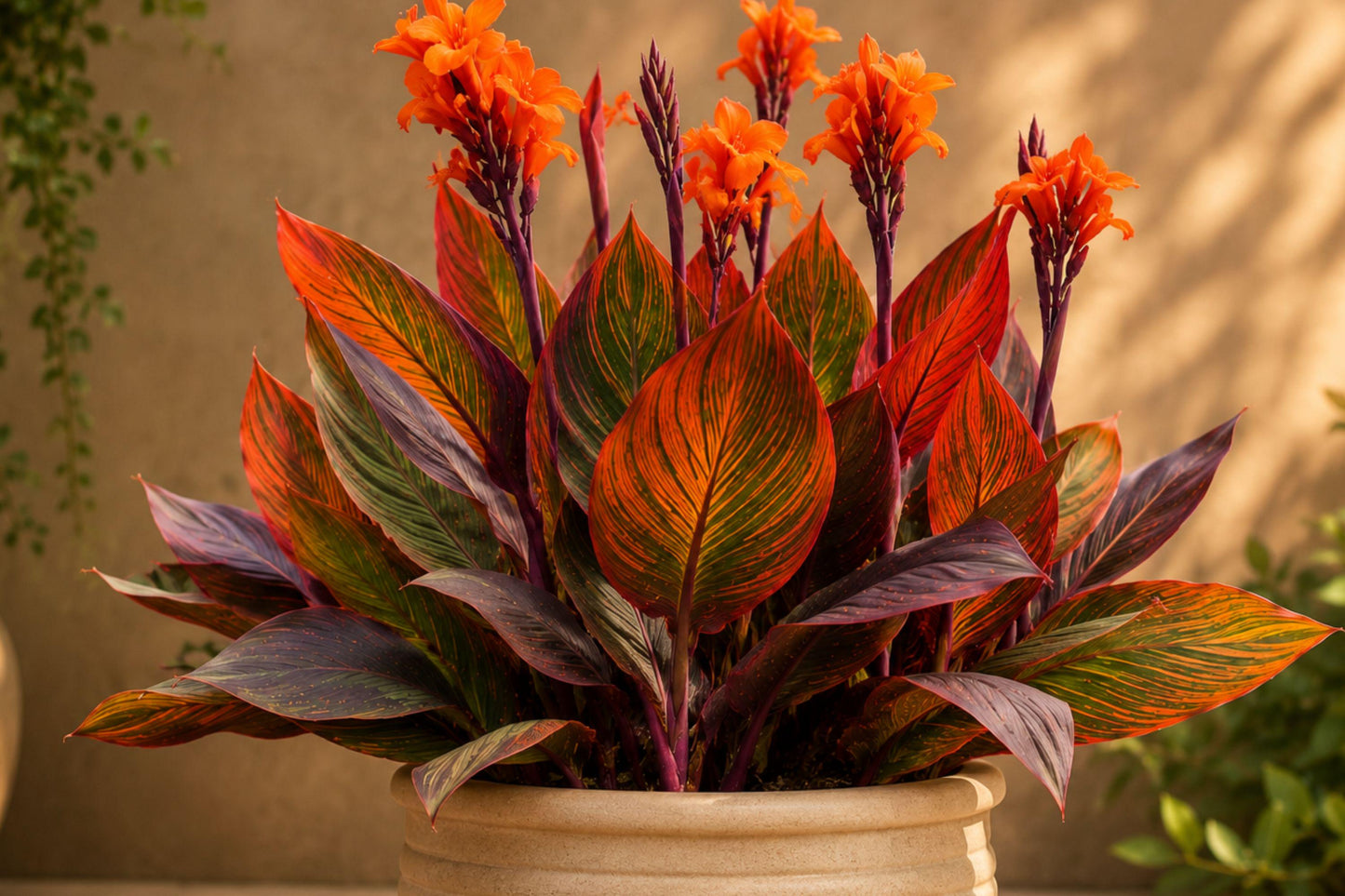 Canna Rhizome - Tropicanna Variety with Orange Blooms & Variegated Purple Foliage - Canna indica ‘Tropicanna’ - 1 Plant
