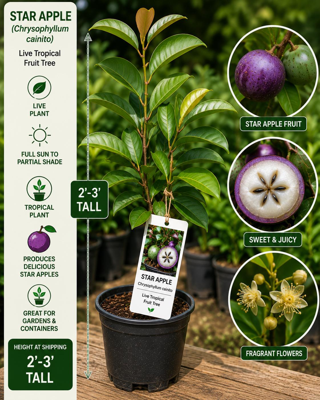 Star Apple Tree 2-3 Feet Tall - Chrysophyllum cainito - Tropical Fruit Plant for Garden and Landscape