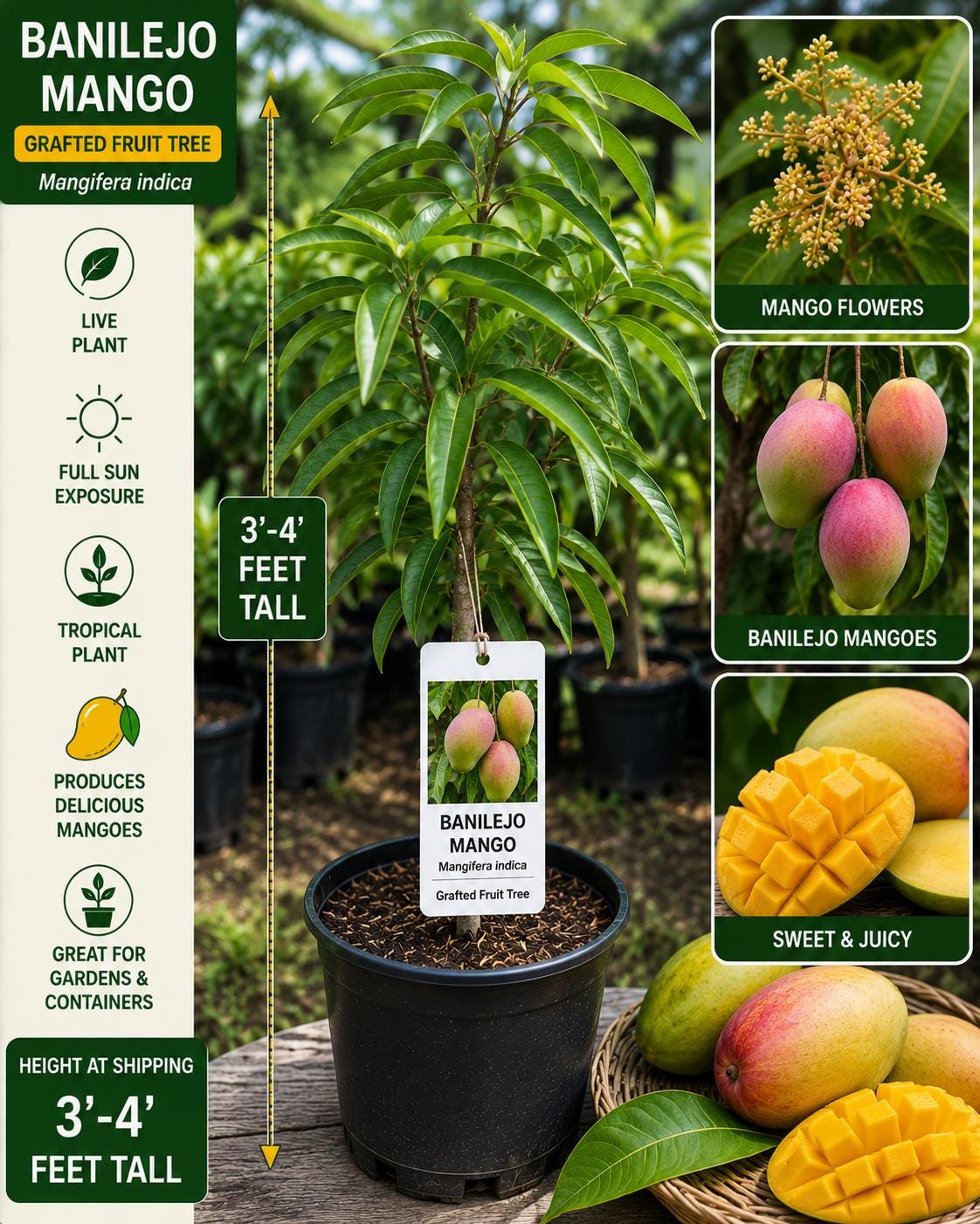 Banilejo Mango Tree 3-4 Feet Grafted - Mangifera indica - Fresh Stock