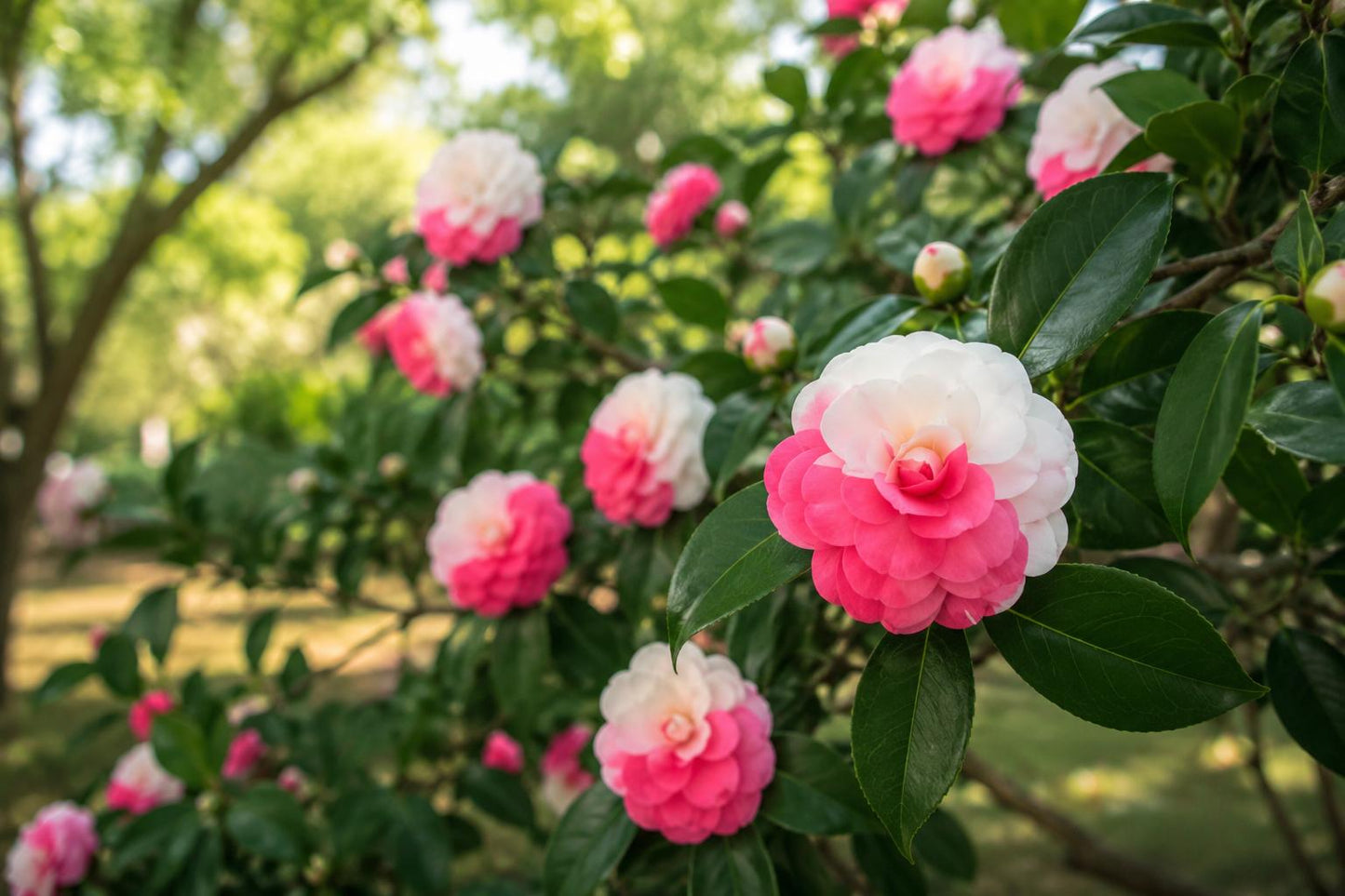April Dawn Camellia Japonica Live Starter Plant - Bicolor Bloom - Evergreen Shrub for Gardens - Camellia japonica