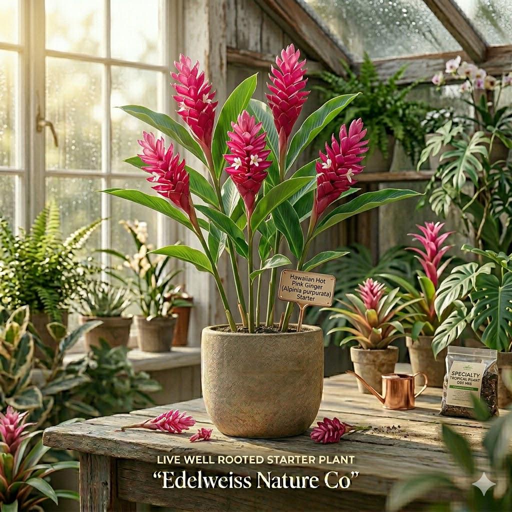 Hawaiian Hot Pink Ginger Starter Plant - Alpinia Purpurata - Tropical Flowering Ginger - Rooted Live Plant - Exotic Tropical Foliage