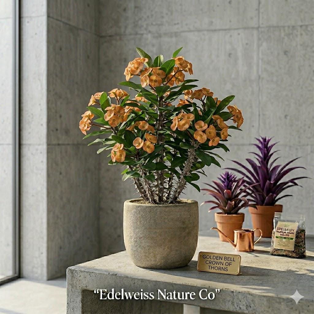 Golden Bell Crown of Thorns Starter Plant | Yellow Flowering Succulent | Euphorbia milii | Easy Care Indoor Houseplant