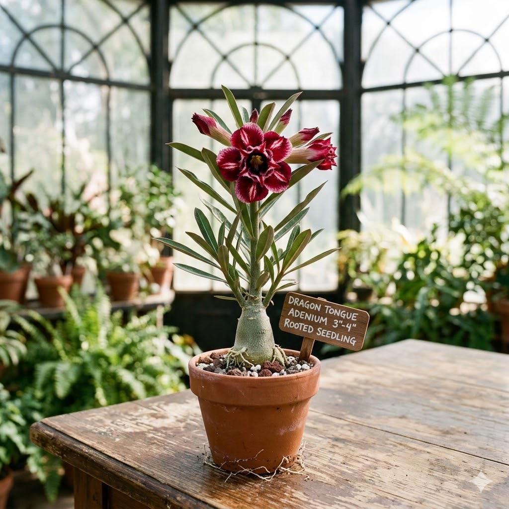 Dragon Tongue Desert Rose Starter Plant | 3-4 Inch Rooted Seedling | Adenium Obesum | Exotic Flowering Succulent
