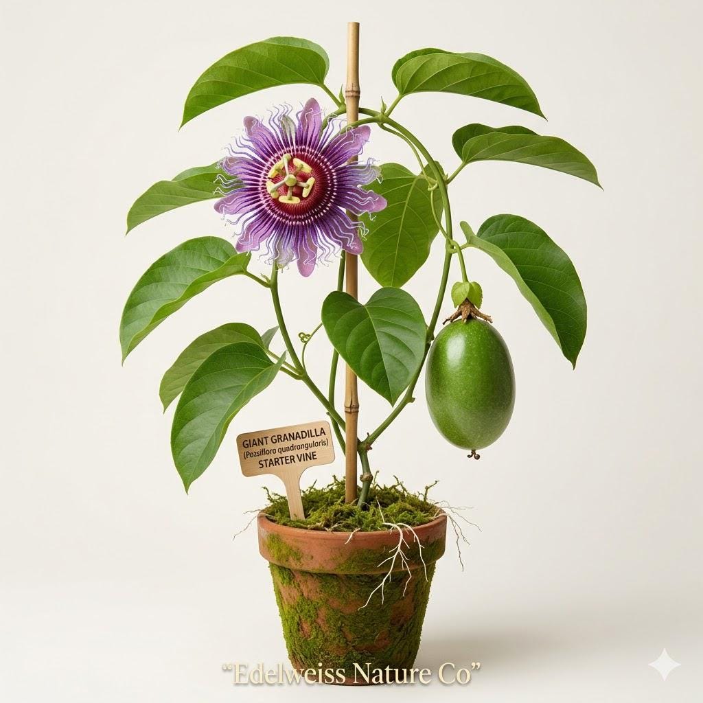 Giant Granadilla Passion Fruit Vine Starter Plant | Passiflora Quadrangularis | Tropical Flowering Edible Fruit Vine