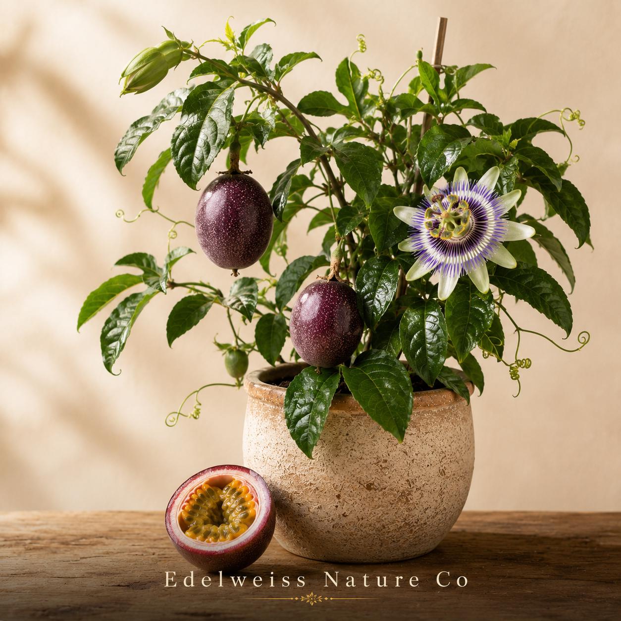 Possum Purple Passion Fruit Starter Plant - Heirloom Self-Fertile Tropical Vine (Passiflora edulis) - Aromatic Edible Fruit