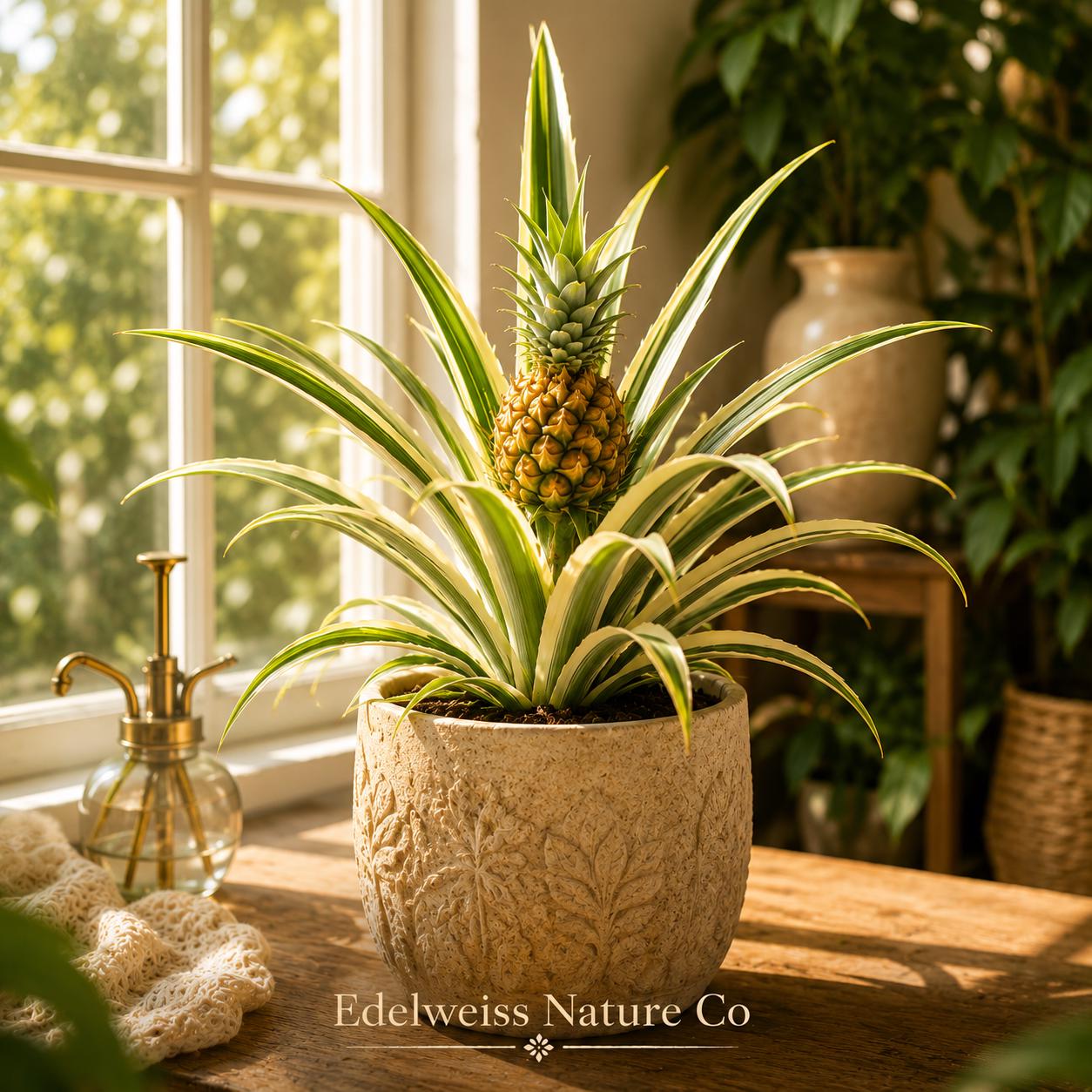 Variegated Pineapple Starter Plant - Ananas comosus Live Tropical Edible Fruit Plant - Ornamental Garden Focal Point