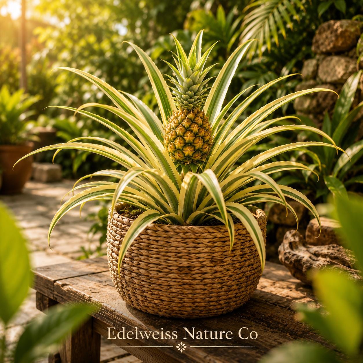 Variegated Pineapple Starter Plants | 5 Live Tropical Fruit Plants | Ananas comosus | Ornamental Edible Garden