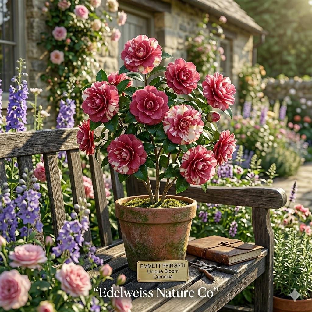 Emmett Pfingsti Camellia Japonica Starter Plant | Rare Evergreen Flowering Shrub | Unique Blooms | Camellia japonica