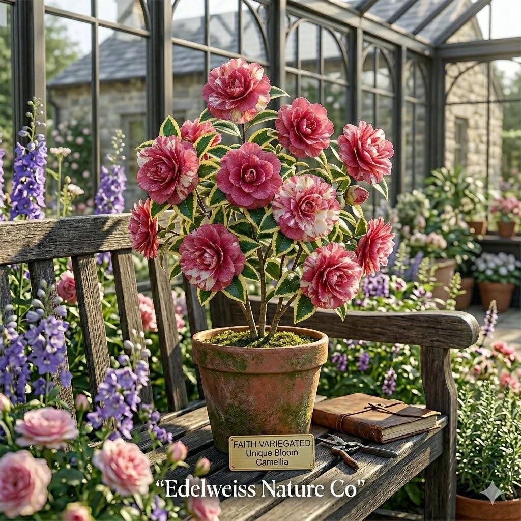 Faith Variegated Camellia Live Plant | Starter Plant | Camellia japonica | Unique Variegated Blooms | Evergreen Flowering Shrub
