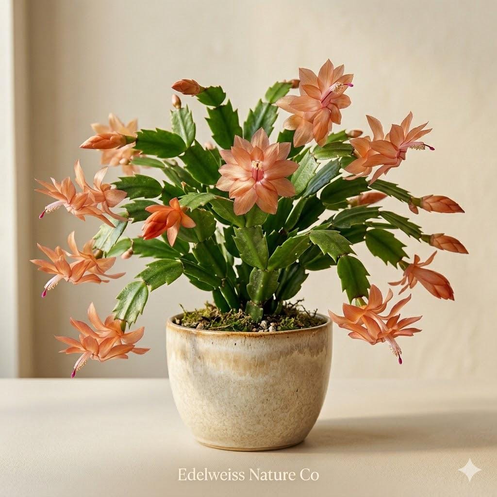 Butterfly Dusky Peach Christmas Cactus Starter Plant | Schlumbergera truncata | Tropical Holiday Blooming Succulent Houseplant