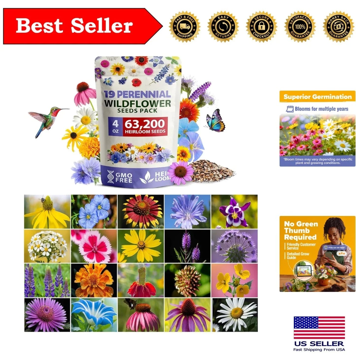 Wildflower Seeds 4oz Non-GMO Perennial Mix for Pollinators - Attract Bees & Butterflies, Eco-Friendly - Various Species