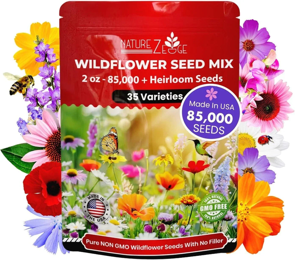 Wildflower Seeds Bulk - 85,000 Count - 35 Varieties - Annual & Perennial Mix - Native Wildflowers - Various Species
