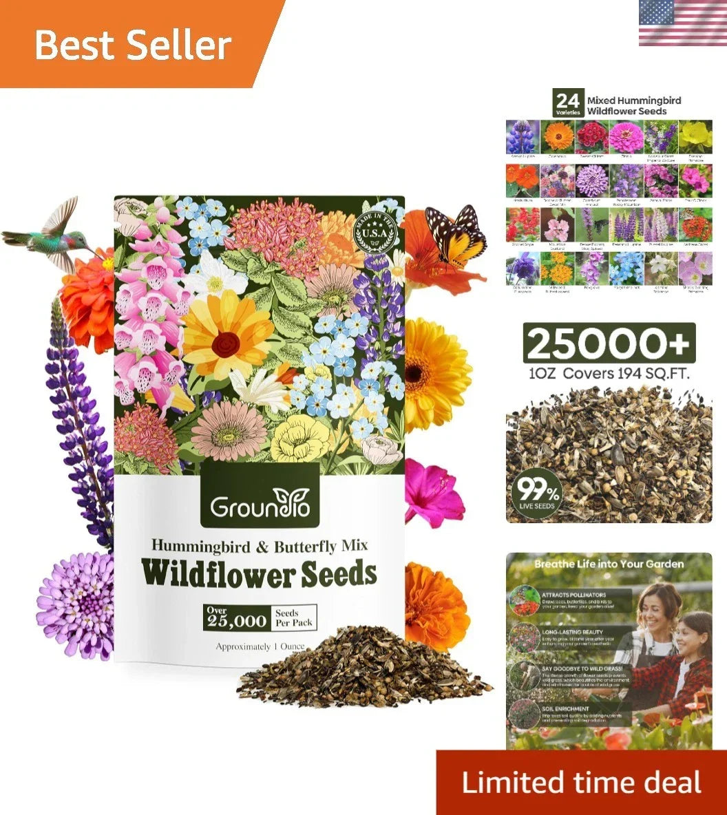Wildflower Seeds 1 Ounce Hummingbird & Butterfly Mix 24 Varieties Native Wildflowers for Pollinators, Various