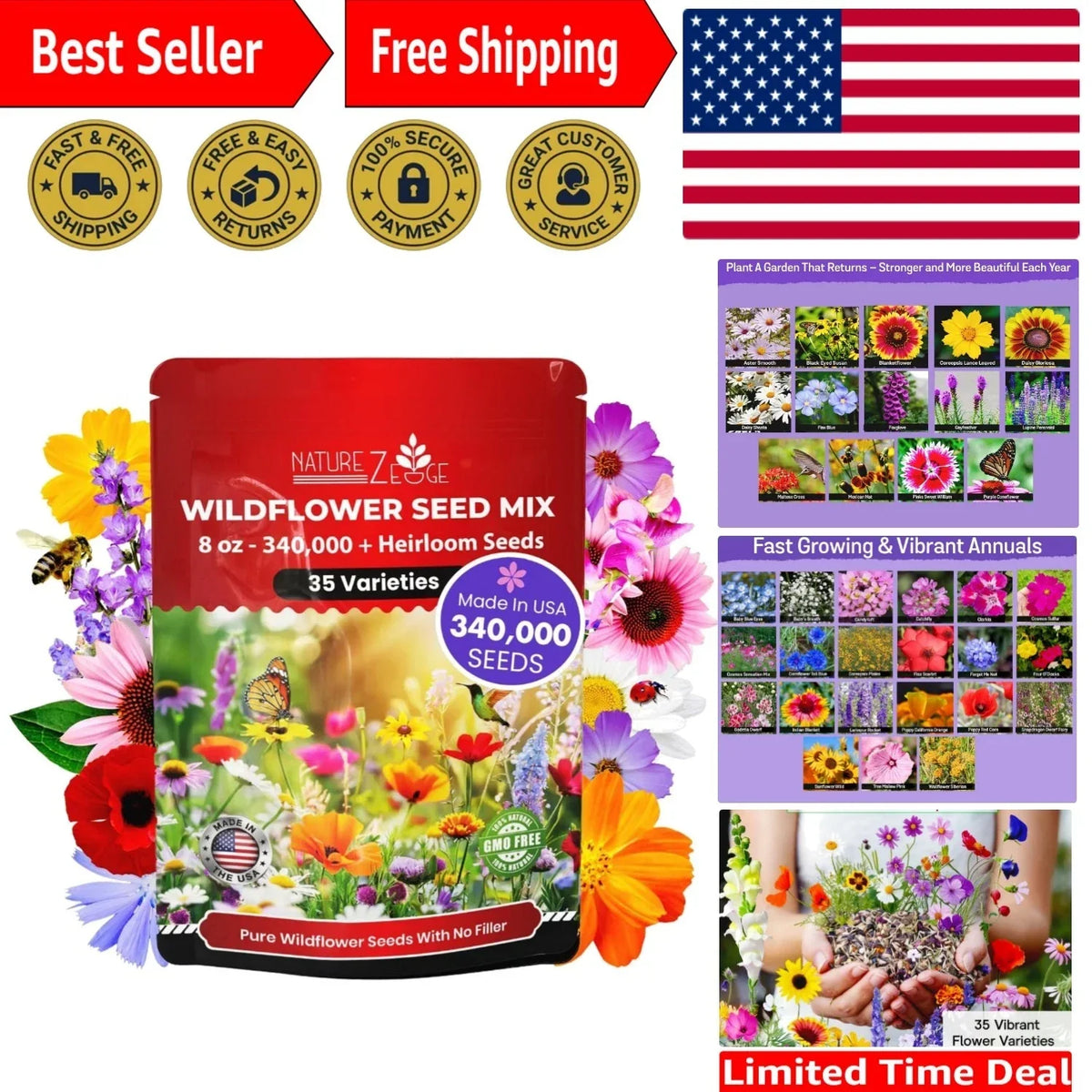 Wildflower Seed Mix 1/2 lb Non-GMO Spring Blooms for Gardens - Various Species - Attracts Pollinators