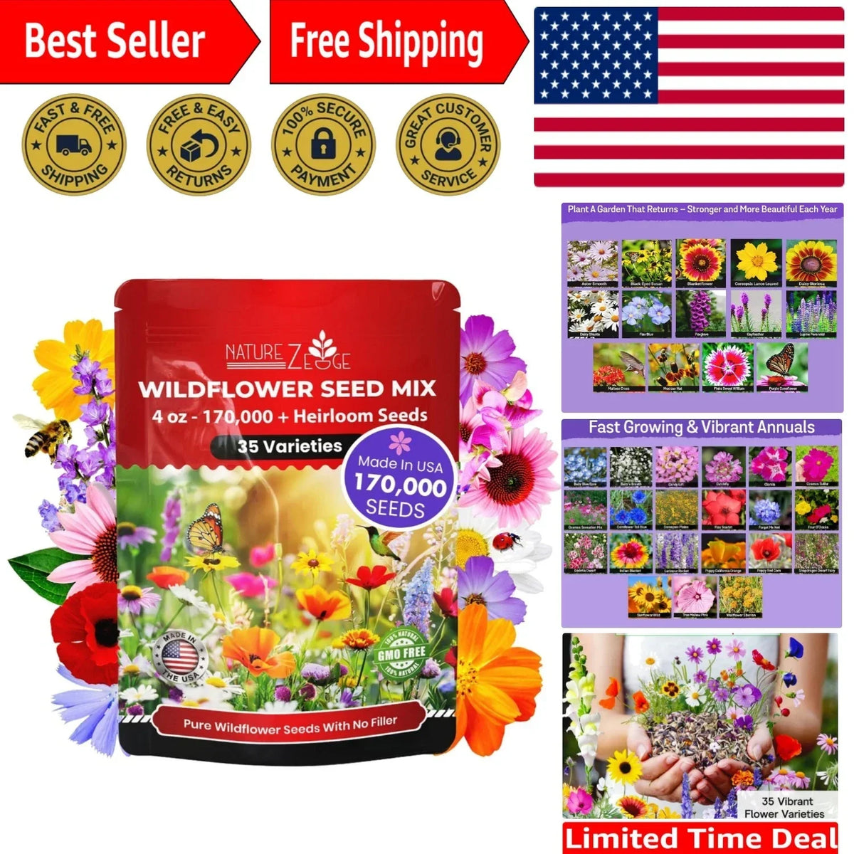 Wildflower Seed Mix - 170,000 Seeds, 35 Varieties, Non-GMO Native Plant Seeds, Eco-Friendly Garden Mix, Various Species