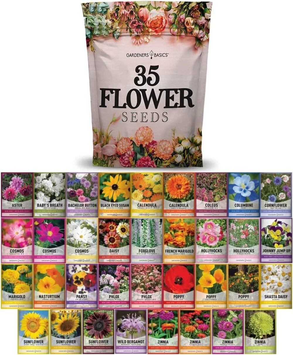 Wildflower Seed Kit - 35 Variety Pack - Perennial & Annual Flower Mix - Non-GMO Seed - Attract Pollinators - Eco-Friendly