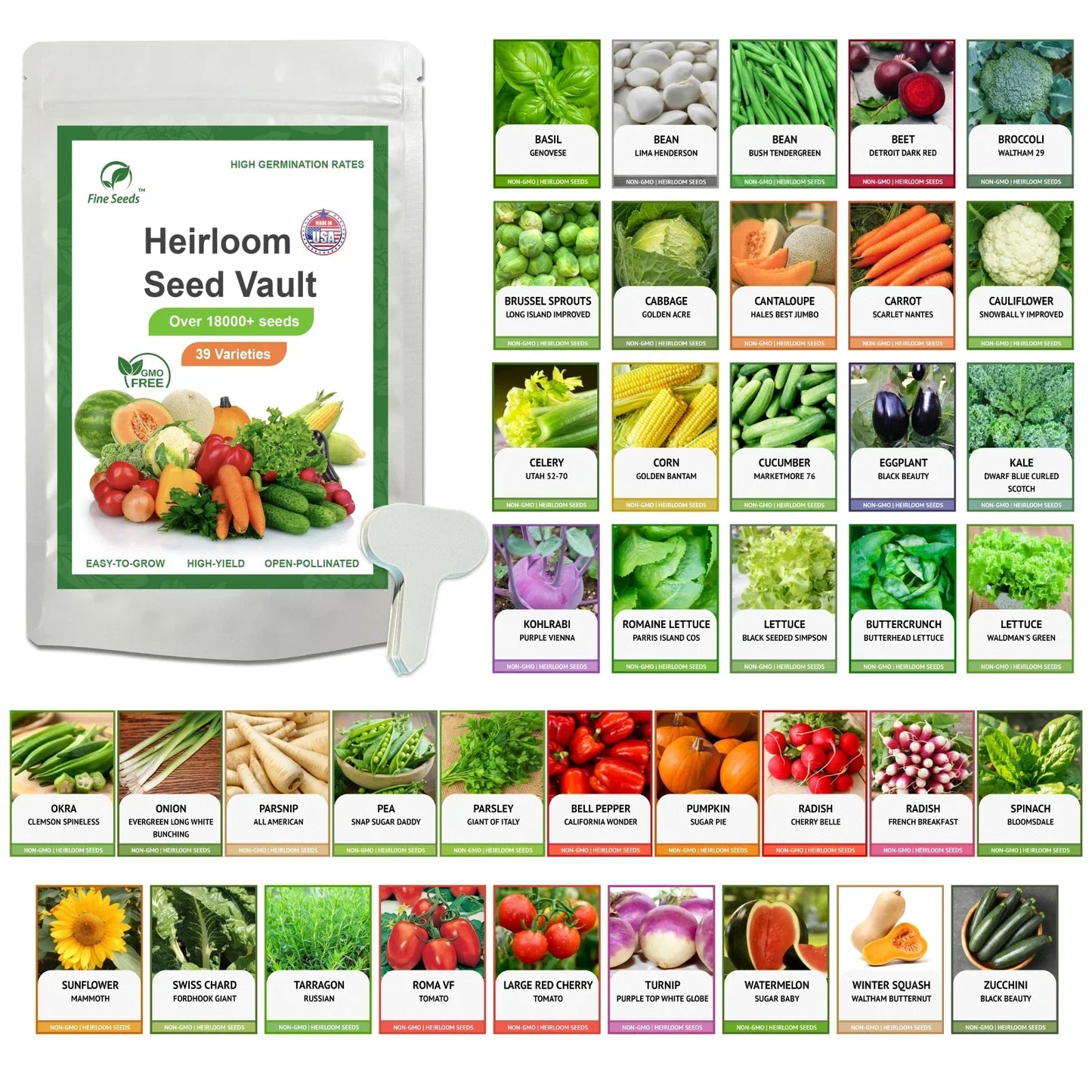 Heirloom Vegetable Seeds Kit - 39 Varieties, Non-GMO, Organic Gardening Supplies, Survival Garden, Various (Solanum lycopersicum, etc.)