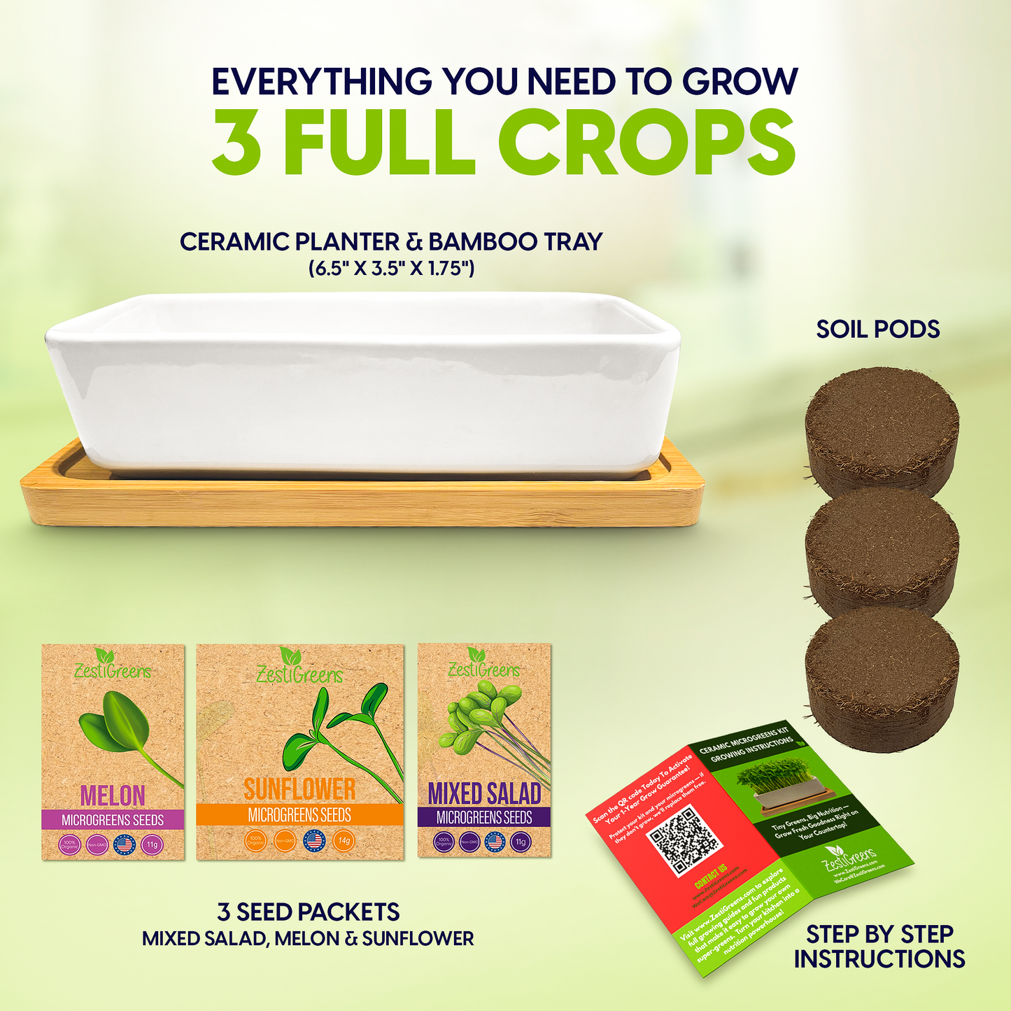 Ceramic Microgreens Growing Kit to Grow 3 Crops Including Organic USDA Sunflower, Melon & Mixed Microgreens Seeds.